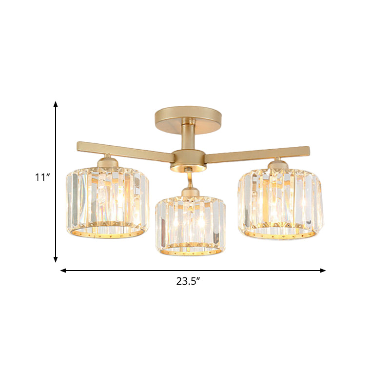 Cylindrical Shade Semi Flush Mount Nordic Crystal 3/5-Light Champagne Ceiling Lighting for Bedroom Living Room Clearhalo 'Ceiling Lights' 'Close To Ceiling Lights' 'Close to ceiling' 'Glass shade' 'Glass' 'Semi-flushmount' Lighting' 600819