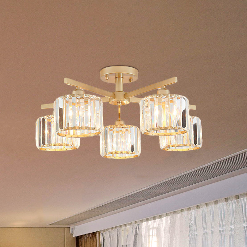Cylindrical Shade Semi Flush Mount Nordic Crystal 3/5-Light Champagne Ceiling Lighting for Bedroom Living Room Clearhalo 'Ceiling Lights' 'Close To Ceiling Lights' 'Close to ceiling' 'Glass shade' 'Glass' 'Semi-flushmount' Lighting' 600821