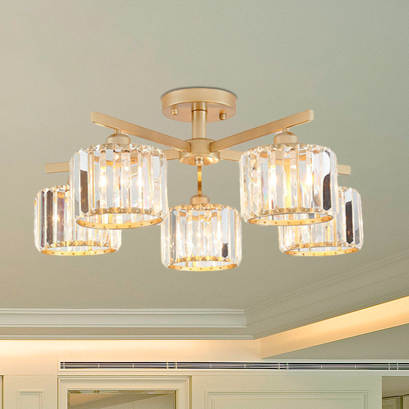 Cylindrical Shade Semi Flush Mount Nordic Crystal 3/5-Light Champagne Ceiling Lighting for Bedroom Living Room Clearhalo 'Ceiling Lights' 'Close To Ceiling Lights' 'Close to ceiling' 'Glass shade' 'Glass' 'Semi-flushmount' Lighting' 600822