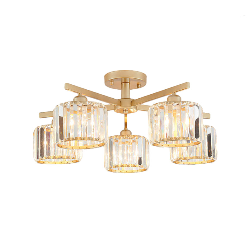 Cylindrical Shade Semi Flush Mount Nordic Crystal 3/5-Light Champagne Ceiling Lighting for Bedroom Living Room Clearhalo 'Ceiling Lights' 'Close To Ceiling Lights' 'Close to ceiling' 'Glass shade' 'Glass' 'Semi-flushmount' Lighting' 600823