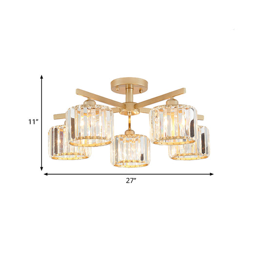 Cylindrical Shade Semi Flush Mount Nordic Crystal 3/5-Light Champagne Ceiling Lighting for Bedroom Living Room Clearhalo 'Ceiling Lights' 'Close To Ceiling Lights' 'Close to ceiling' 'Glass shade' 'Glass' 'Semi-flushmount' Lighting' 600824