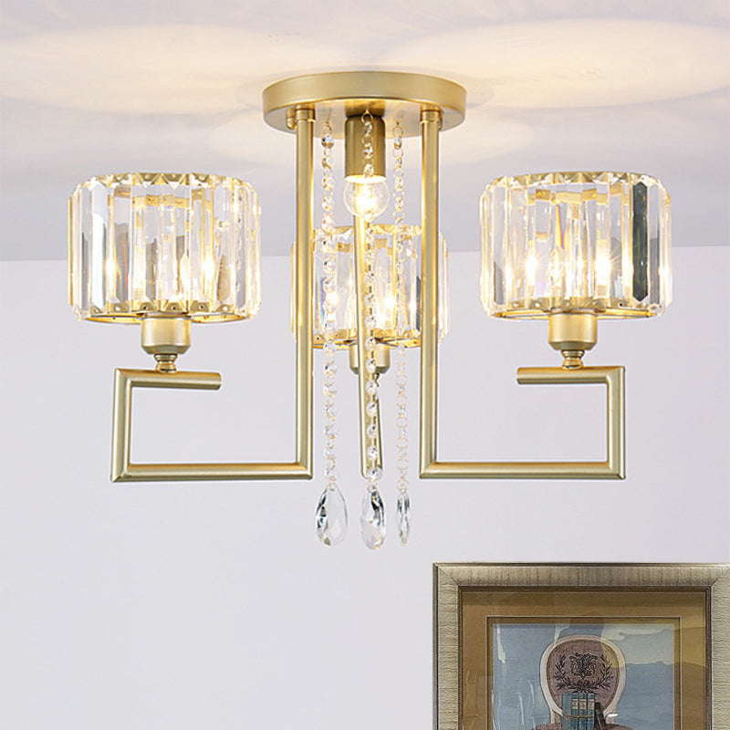 Modern 3/6 Lights Flush Mount Chandelier with Clear Crystal Shade Cylinder Ceiling Light Fixture in Gold Finish 3 Clear Clearhalo 'Ceiling Lights' 'Close To Ceiling Lights' 'Close to ceiling' 'Semi-flushmount' Lighting' 600825