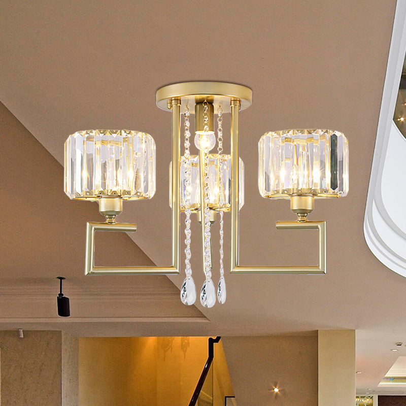 Modern 3/6 Lights Flush Mount Chandelier with Clear Crystal Shade Cylinder Ceiling Light Fixture in Gold Finish Clearhalo 'Ceiling Lights' 'Close To Ceiling Lights' 'Close to ceiling' 'Semi-flushmount' Lighting' 600826