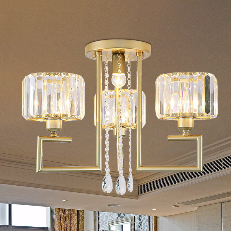 Modern 3/6 Lights Flush Mount Chandelier with Clear Crystal Shade Cylinder Ceiling Light Fixture in Gold Finish Clearhalo 'Ceiling Lights' 'Close To Ceiling Lights' 'Close to ceiling' 'Semi-flushmount' Lighting' 600827