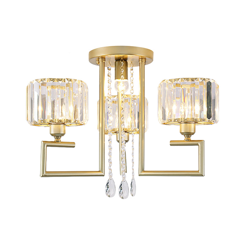 Modern 3/6 Lights Flush Mount Chandelier with Clear Crystal Shade Cylinder Ceiling Light Fixture in Gold Finish Clearhalo 'Ceiling Lights' 'Close To Ceiling Lights' 'Close to ceiling' 'Semi-flushmount' Lighting' 600828