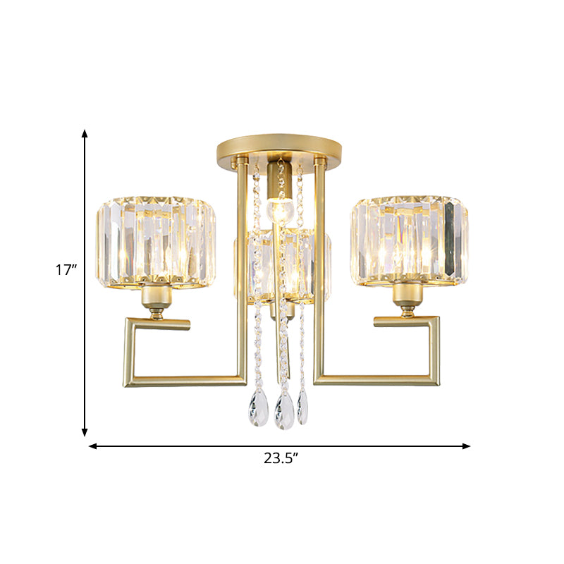 Modern 3/6 Lights Flush Mount Chandelier with Clear Crystal Shade Cylinder Ceiling Light Fixture in Gold Finish Clearhalo 'Ceiling Lights' 'Close To Ceiling Lights' 'Close to ceiling' 'Semi-flushmount' Lighting' 600829