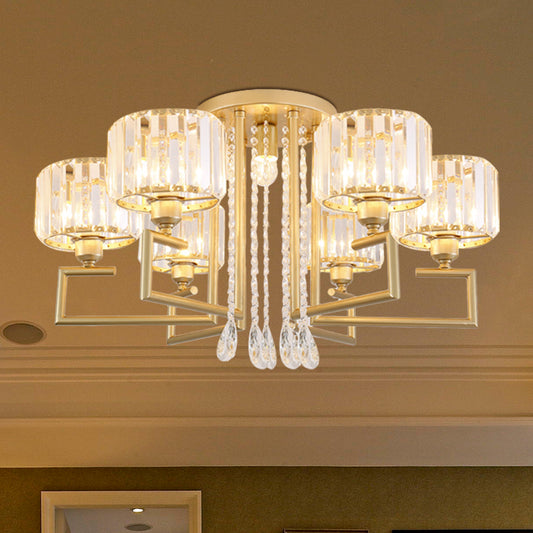 Modern 3/6 Lights Flush Mount Chandelier with Clear Crystal Shade Cylinder Ceiling Light Fixture in Gold Finish 6 Clear Clearhalo 'Ceiling Lights' 'Close To Ceiling Lights' 'Close to ceiling' 'Semi-flushmount' Lighting' 600830