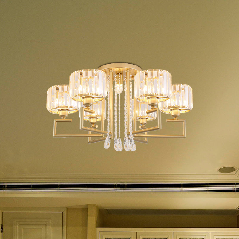 Modern 3/6 Lights Flush Mount Chandelier with Clear Crystal Shade Cylinder Ceiling Light Fixture in Gold Finish Clearhalo 'Ceiling Lights' 'Close To Ceiling Lights' 'Close to ceiling' 'Semi-flushmount' Lighting' 600831