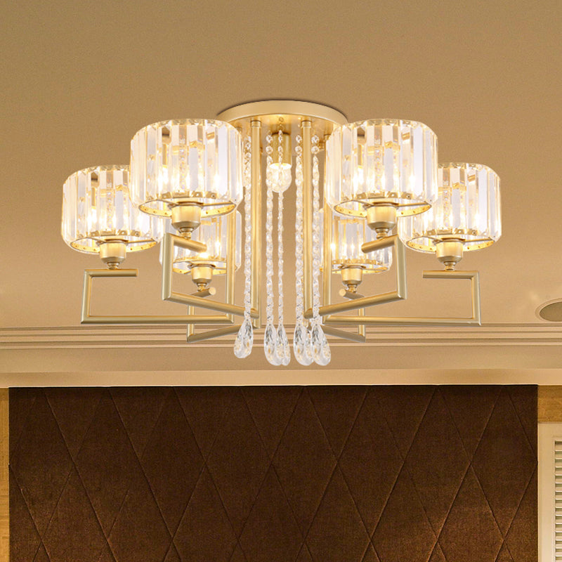 Modern 3/6 Lights Flush Mount Chandelier with Clear Crystal Shade Cylinder Ceiling Light Fixture in Gold Finish Clearhalo 'Ceiling Lights' 'Close To Ceiling Lights' 'Close to ceiling' 'Semi-flushmount' Lighting' 600832