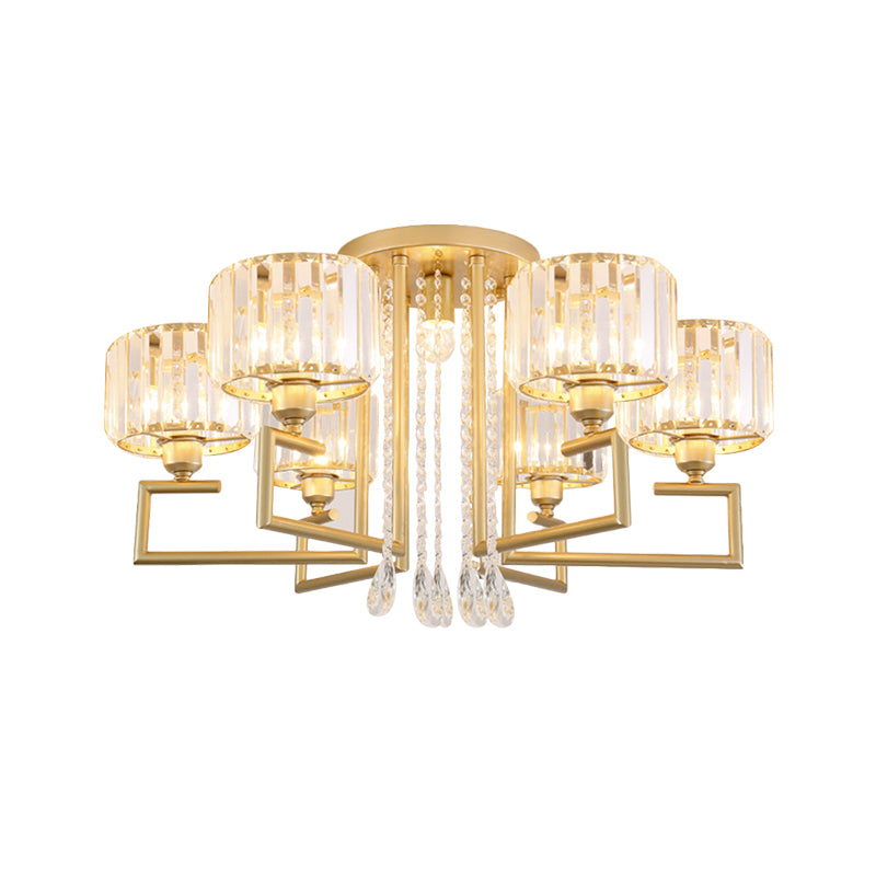 Modern 3/6 Lights Flush Mount Chandelier with Clear Crystal Shade Cylinder Ceiling Light Fixture in Gold Finish Clearhalo 'Ceiling Lights' 'Close To Ceiling Lights' 'Close to ceiling' 'Semi-flushmount' Lighting' 600833