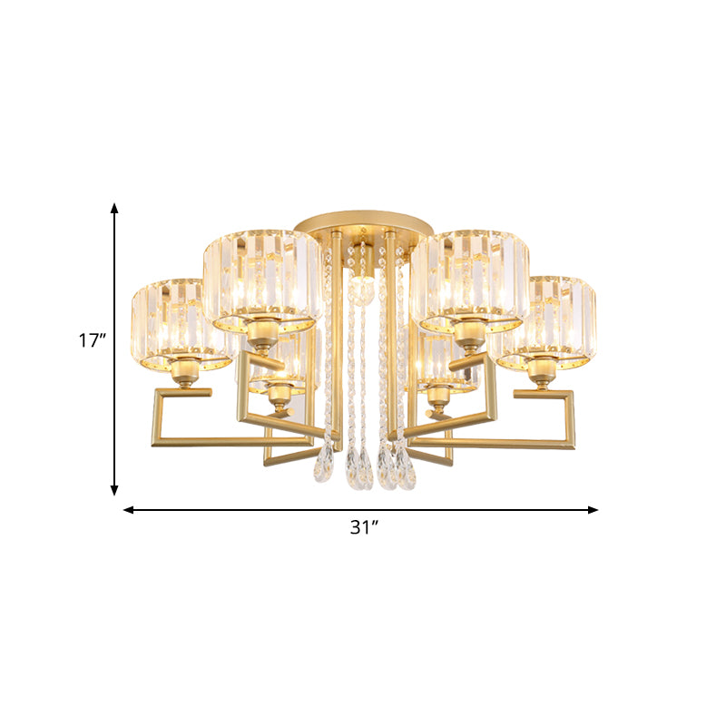 Modern 3/6 Lights Flush Mount Chandelier with Clear Crystal Shade Cylinder Ceiling Light Fixture in Gold Finish Clearhalo 'Ceiling Lights' 'Close To Ceiling Lights' 'Close to ceiling' 'Semi-flushmount' Lighting' 600834