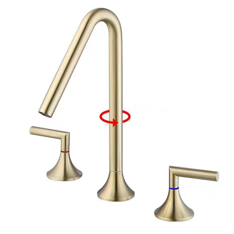 13 Inches Swivel Widespread Bathroom Faucet with Drain 2-Handle Bathroom Sink Faucet Gold Clearhalo 'Bathroom Remodel & Bathroom Fixtures' 'Bathroom Sink Faucets' 'Bathroom Sinks & Faucet Components' 'bathroom_sink_faucets' 'Home Improvement' 'home_improvement' 'home_improvement_bathroom_sink_faucets' 6013302