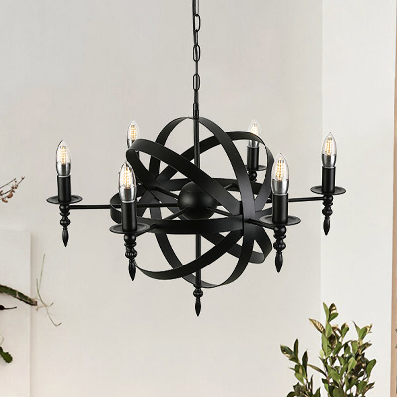 Orbit Cage Metal Pendant Lighting Fixture with Candle Design Vintage Style 6/8 Lights Indoor Chandelier in Black/Rust 6 Black Clearhalo 'Cast Iron' 'Ceiling Lights' 'Chandeliers' 'Industrial Chandeliers' 'Industrial' 'Metal' 'Middle Century Chandeliers' 'Rustic Chandeliers' 'Tiffany' Lighting' 601366