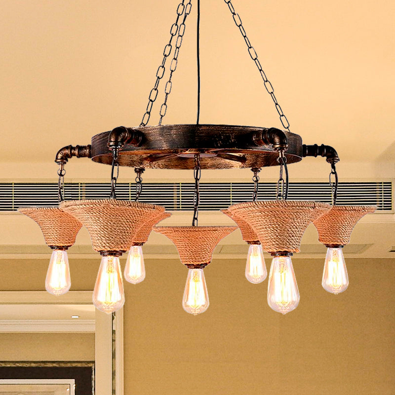 Rope Beige Chandelier Lighting Bare Bulb Multi Light Country Style Hanging Lamp with Flared Shade for Living Room Beige Clearhalo 'Cast Iron' 'Ceiling Lights' 'Chandeliers' 'Industrial Chandeliers' 'Industrial' 'Metal' 'Middle Century Chandeliers' 'Rustic Chandeliers' 'Tiffany' Lighting' 601385