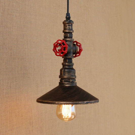 Antique Brass Saucer Pendant Lighting 1 Bulb Wrought Iron Ceiling Fixture with Red Valve Deco for Dining Room Antique Brass Clearhalo 'Art Deco Pendants' 'Cast Iron' 'Ceiling Lights' 'Ceramic' 'Crystal' 'Industrial Pendants' 'Industrial' 'Metal' 'Middle Century Pendants' 'Pendant Lights' 'Pendants' 'Tiffany' Lighting' 601516