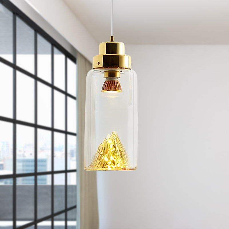 Cylinder/Semicircle Pendant Light Post Modernist Clear Glass Led Gold/Silver Hanging Lamp Fixture for Dining Room Gold Cylinder Clearhalo 'Ceiling Lights' 'Glass shade' 'Glass' 'Modern Pendants' 'Modern' 'Pendant Lights' 'Pendants' Lighting' 601560