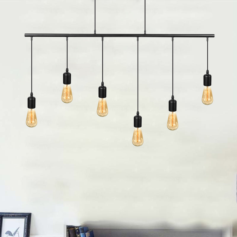 Multi Light Linear Island Ceiling Light with Open Bulb Vintage Industrial Black Metal Pendant Lighting Black Clearhalo 'Ceiling Lights' 'Island Lights' Lighting' 601817