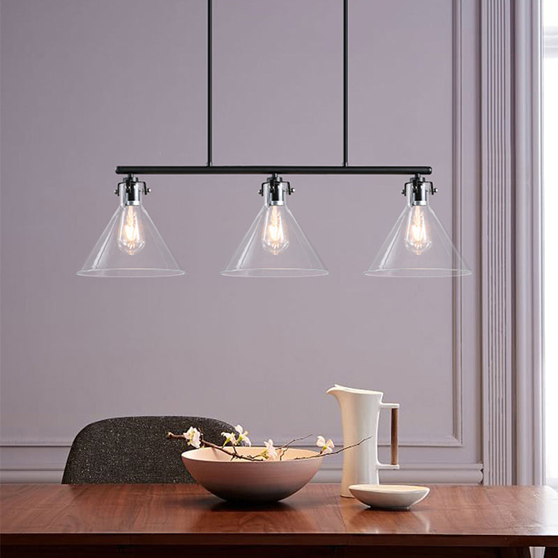 2/3 Lights Island Lamp Industrial Cone Clear Glass Hanging Lighting in Black for Dining Table Clearhalo 'Ceiling Lights' 'Glass shade' 'Glass' 'Island Lights' Lighting' 601912
