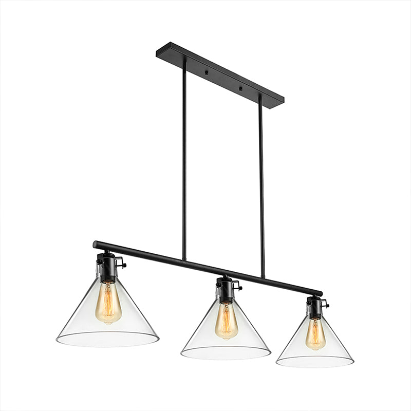2/3 Lights Island Lamp Industrial Cone Clear Glass Hanging Lighting in Black for Dining Table Clearhalo 'Ceiling Lights' 'Glass shade' 'Glass' 'Island Lights' Lighting' 601913