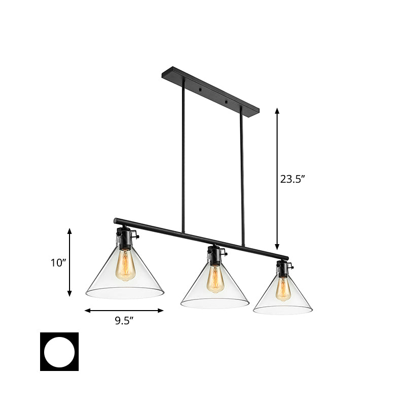 2/3 Lights Island Lamp Industrial Cone Clear Glass Hanging Lighting in Black for Dining Table Clearhalo 'Ceiling Lights' 'Glass shade' 'Glass' 'Island Lights' Lighting' 601914