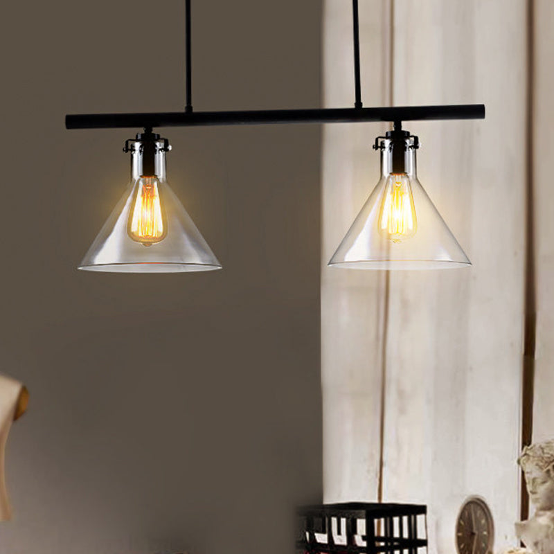 2/3 Lights Island Lamp Industrial Cone Clear Glass Hanging Lighting in Black for Dining Table Clearhalo 'Ceiling Lights' 'Glass shade' 'Glass' 'Island Lights' Lighting' 601917