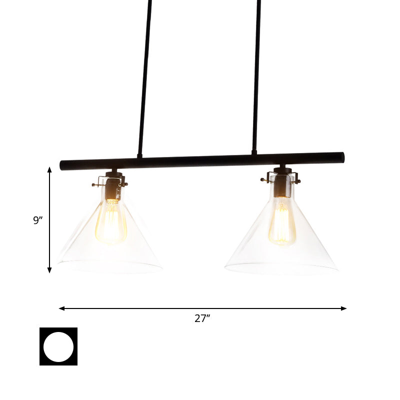 2/3 Lights Island Lamp Industrial Cone Clear Glass Hanging Lighting in Black for Dining Table Clearhalo 'Ceiling Lights' 'Glass shade' 'Glass' 'Island Lights' Lighting' 601919