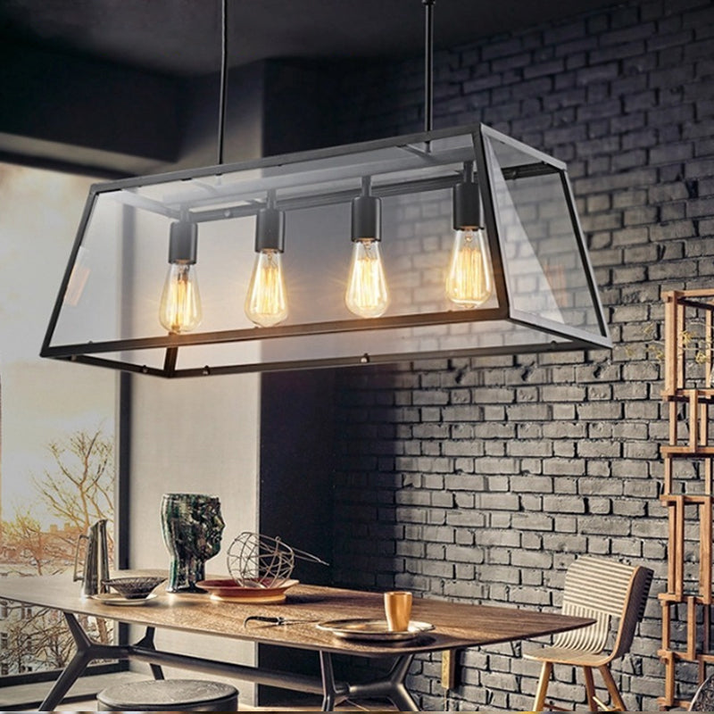 4 Lights Island Lamp Industrial Trapezoid Clear Glass Hanging Lighting in Black with Chain/Downrods Black Downrods Clearhalo 'Ceiling Lights' 'Glass shade' 'Glass' 'Island Lights' Lighting' 601982