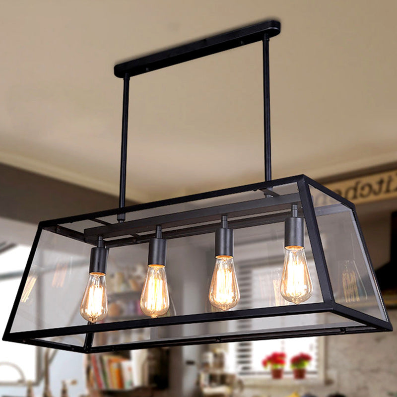 4 Lights Island Lamp Industrial Trapezoid Clear Glass Hanging Lighting in Black with Chain/Downrods Clearhalo 'Ceiling Lights' 'Glass shade' 'Glass' 'Island Lights' Lighting' 601983