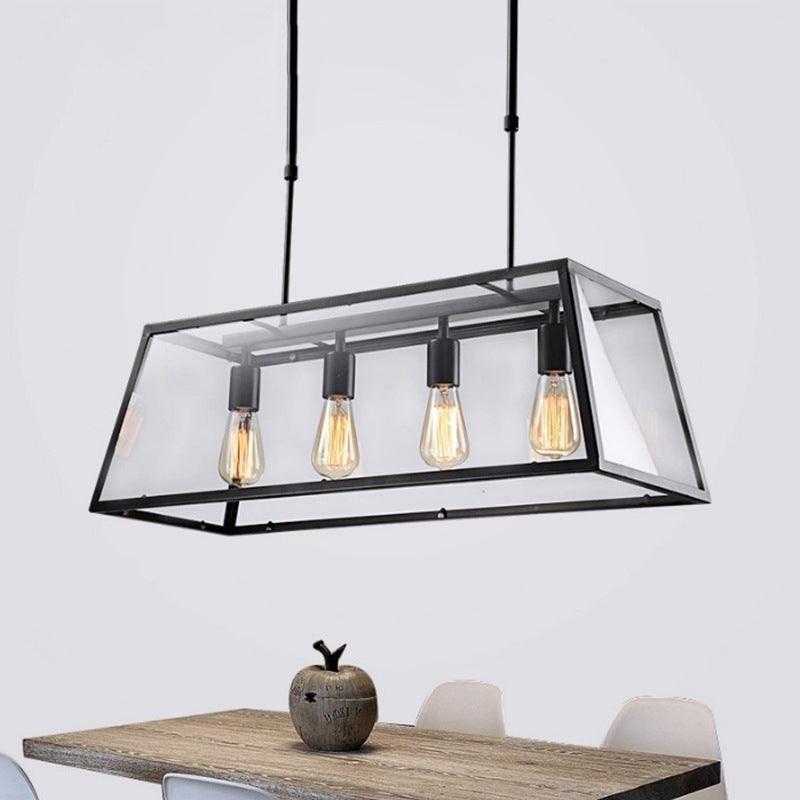 4 Lights Island Lamp Industrial Trapezoid Clear Glass Hanging Lighting in Black with Chain/Downrods Clearhalo 'Ceiling Lights' 'Glass shade' 'Glass' 'Island Lights' Lighting' 601984