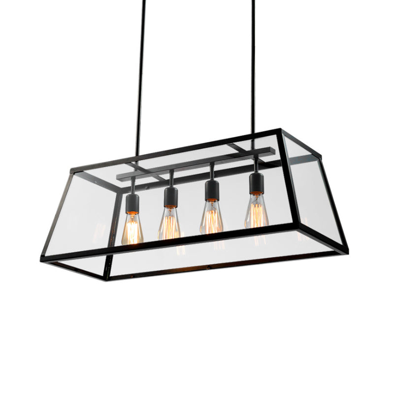 4 Lights Island Lamp Industrial Trapezoid Clear Glass Hanging Lighting in Black with Chain/Downrods Clearhalo 'Ceiling Lights' 'Glass shade' 'Glass' 'Island Lights' Lighting' 601985