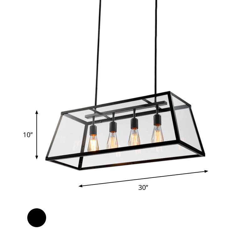 4 Lights Island Lamp Industrial Trapezoid Clear Glass Hanging Lighting in Black with Chain/Downrods Clearhalo 'Ceiling Lights' 'Glass shade' 'Glass' 'Island Lights' Lighting' 601986