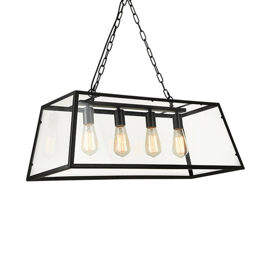 4 Lights Island Lamp Industrial Trapezoid Clear Glass Hanging Lighting in Black with Chain/Downrods Clearhalo 'Ceiling Lights' 'Glass shade' 'Glass' 'Island Lights' Lighting' 601990