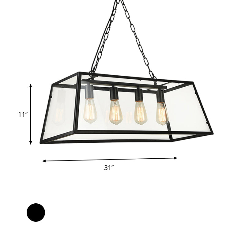 4 Lights Island Lamp Industrial Trapezoid Clear Glass Hanging Lighting in Black with Chain/Downrods Clearhalo 'Ceiling Lights' 'Glass shade' 'Glass' 'Island Lights' Lighting' 601991