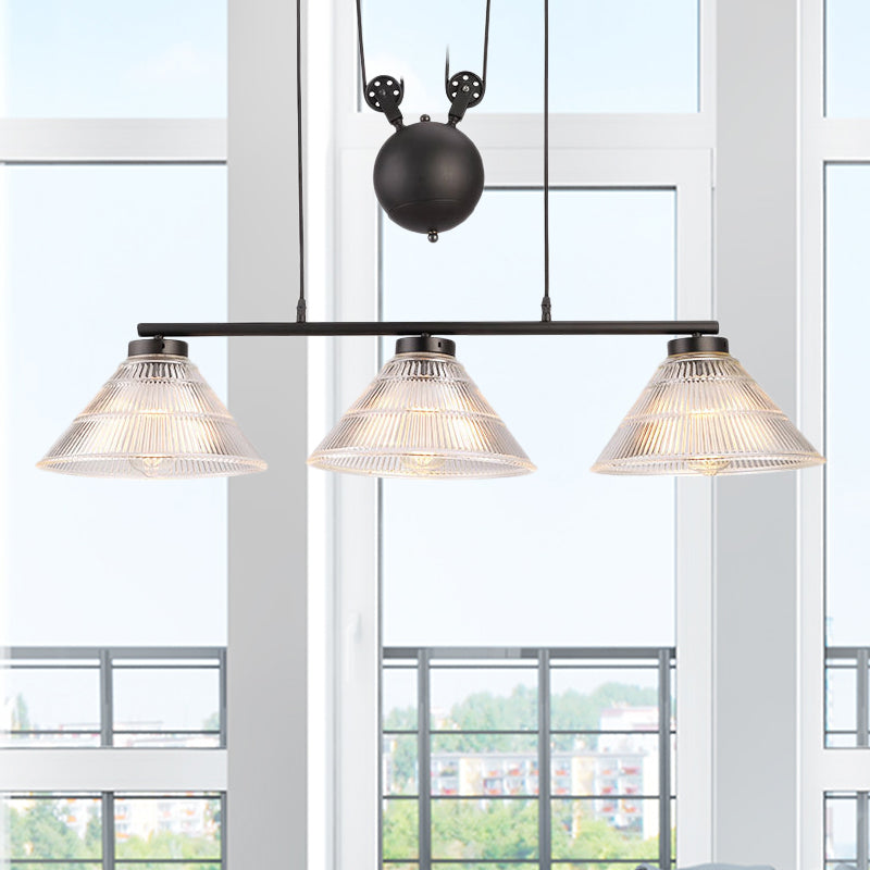 Industrial Cone Hanging Pendant 2/3-Light Prismatic Glass Island Lamp in Black with Adjustable Pulley 3 Clear Clearhalo 'Ceiling Lights' 'Close To Ceiling Lights' 'Glass shade' 'Glass' 'Island Lights' Lighting' 601992