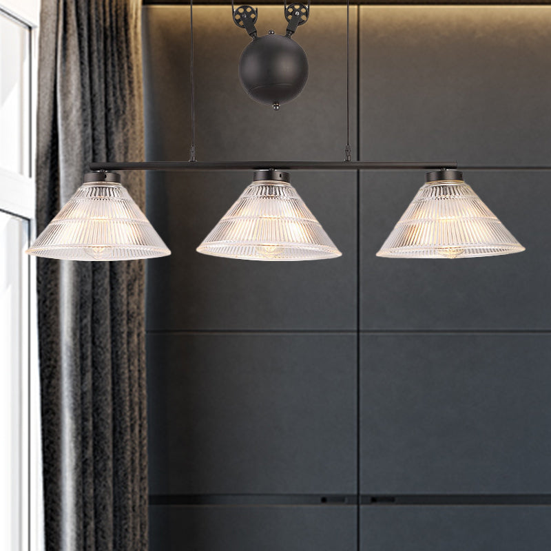 Industrial Cone Hanging Pendant 2/3-Light Prismatic Glass Island Lamp in Black with Adjustable Pulley Clearhalo 'Ceiling Lights' 'Close To Ceiling Lights' 'Glass shade' 'Glass' 'Island Lights' Lighting' 601993
