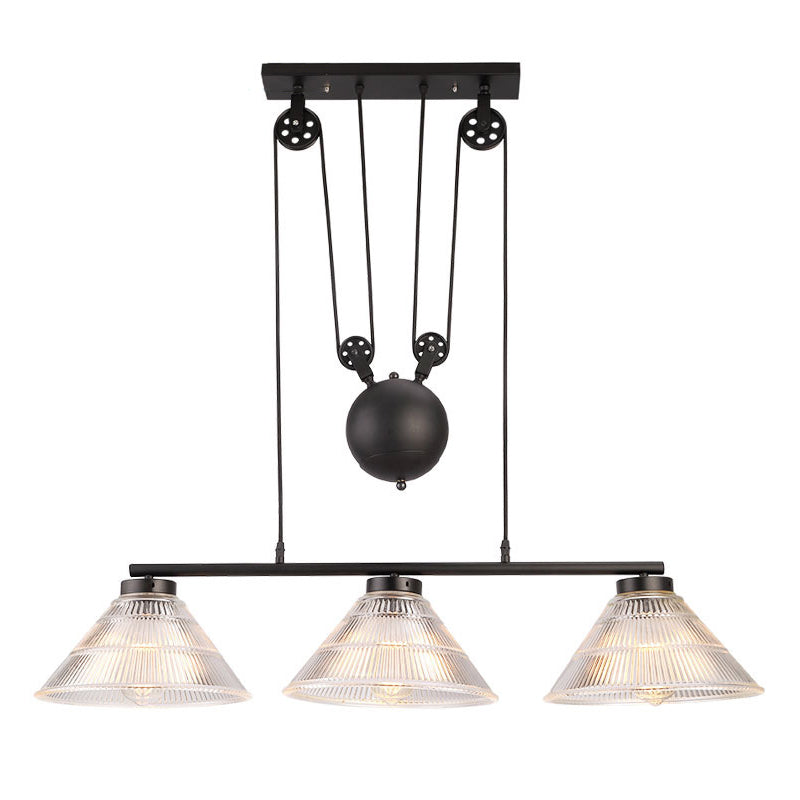 Industrial Cone Hanging Pendant 2/3-Light Prismatic Glass Island Lamp in Black with Adjustable Pulley Clearhalo 'Ceiling Lights' 'Close To Ceiling Lights' 'Glass shade' 'Glass' 'Island Lights' Lighting' 601994