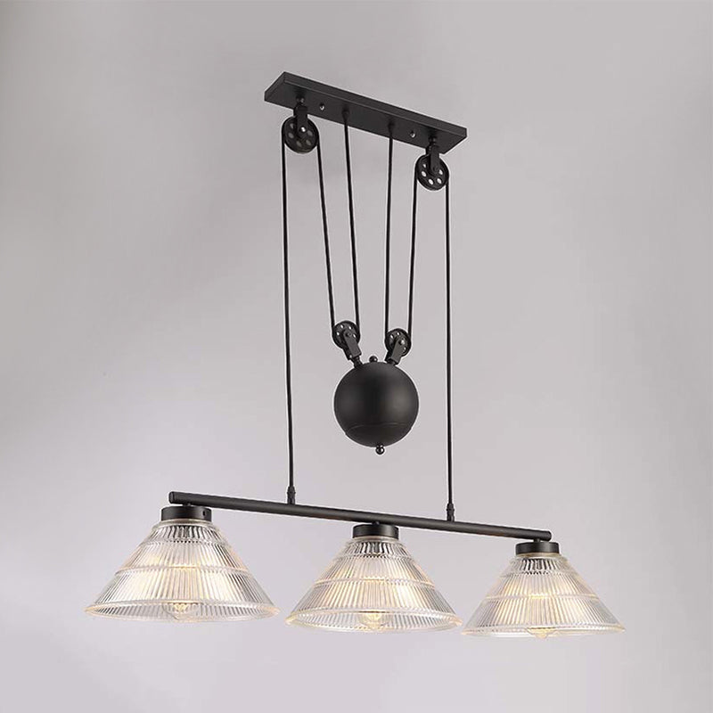 Industrial Cone Hanging Pendant 2/3-Light Prismatic Glass Island Lamp in Black with Adjustable Pulley Clearhalo 'Ceiling Lights' 'Close To Ceiling Lights' 'Glass shade' 'Glass' 'Island Lights' Lighting' 601995