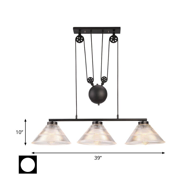Industrial Cone Hanging Pendant 2/3-Light Prismatic Glass Island Lamp in Black with Adjustable Pulley Clearhalo 'Ceiling Lights' 'Close To Ceiling Lights' 'Glass shade' 'Glass' 'Island Lights' Lighting' 601996