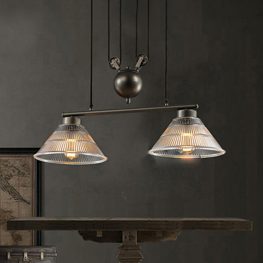 Industrial Cone Hanging Pendant 2/3-Light Prismatic Glass Island Lamp in Black with Adjustable Pulley 2 Clear Clearhalo 'Ceiling Lights' 'Close To Ceiling Lights' 'Glass shade' 'Glass' 'Island Lights' Lighting' 601998