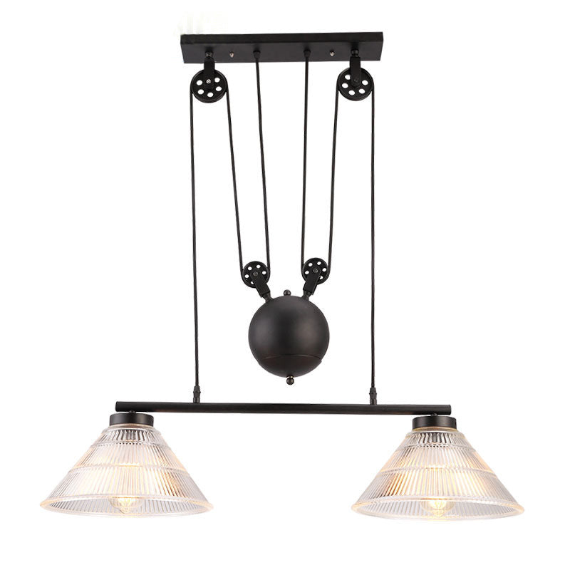 Industrial Cone Hanging Pendant 2/3-Light Prismatic Glass Island Lamp in Black with Adjustable Pulley Clearhalo 'Ceiling Lights' 'Close To Ceiling Lights' 'Glass shade' 'Glass' 'Island Lights' Lighting' 601999