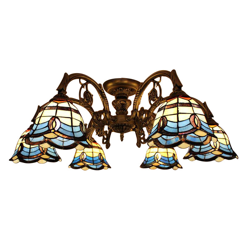 6/9 Lights Baroque Design Living Room Ceiling Fixture Blue Glass Tiffany Vintage Semi Flush Ceiling Light 6 Blue Clearhalo 'Ceiling Lights' 'Close To Ceiling Lights' 'Close to ceiling' 'Glass shade' 'Glass' 'Semi-flushmount' 'Tiffany close to ceiling' 'Tiffany' Lighting' 60200