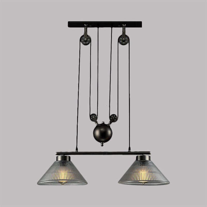 Industrial Cone Hanging Pendant 2/3-Light Prismatic Glass Island Lamp in Black with Adjustable Pulley Clearhalo 'Ceiling Lights' 'Close To Ceiling Lights' 'Glass shade' 'Glass' 'Island Lights' Lighting' 602000