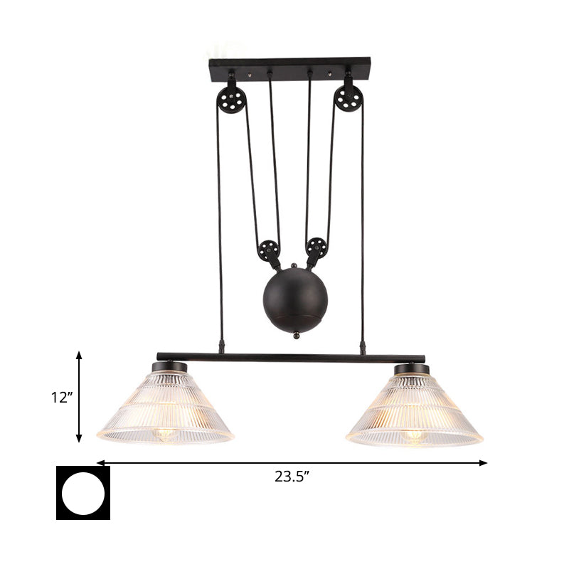 Industrial Cone Hanging Pendant 2/3-Light Prismatic Glass Island Lamp in Black with Adjustable Pulley Clearhalo 'Ceiling Lights' 'Close To Ceiling Lights' 'Glass shade' 'Glass' 'Island Lights' Lighting' 602001