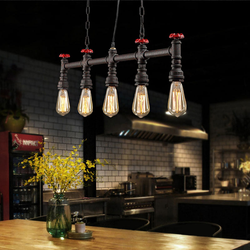 Iron Bare Bulb Island Lighting Industrial 5-Head Dining Room Adjustable Ceiling Light Fixture with Pipe and Valve Rust Clearhalo 'Ceiling Lights' 'Island Lights' Lighting' 602002