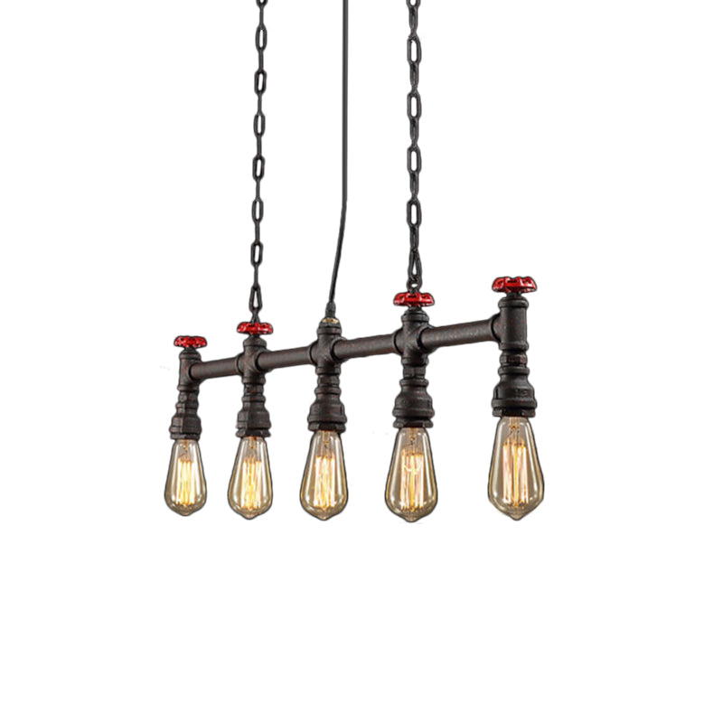 Iron Bare Bulb Island Lighting Industrial 5-Head Dining Room Adjustable Ceiling Light Fixture with Pipe and Valve Clearhalo 'Ceiling Lights' 'Island Lights' Lighting' 602005