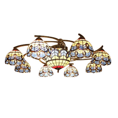 6/9 Lights Baroque Design Living Room Ceiling Fixture Blue Glass Tiffany Vintage Semi Flush Ceiling Light 9 Blue Clearhalo 'Ceiling Lights' 'Close To Ceiling Lights' 'Close to ceiling' 'Glass shade' 'Glass' 'Semi-flushmount' 'Tiffany close to ceiling' 'Tiffany' Lighting' 60202