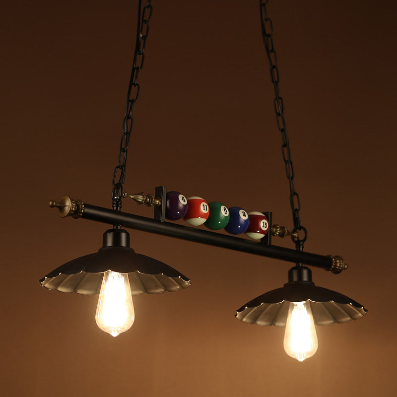 2/3-Light Scalloped Pool Table Light with Billiard Ball Decoration Vintage Metallic Hanging Light in Black Clearhalo 'Ceiling Lights' 'Island Lights' Lighting' 602025