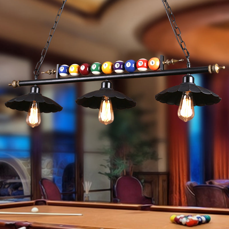 2/3-Light Scalloped Pool Table Light with Billiard Ball Decoration Vintage Metallic Hanging Light in Black 3 Black Clearhalo 'Ceiling Lights' 'Island Lights' Lighting' 602027