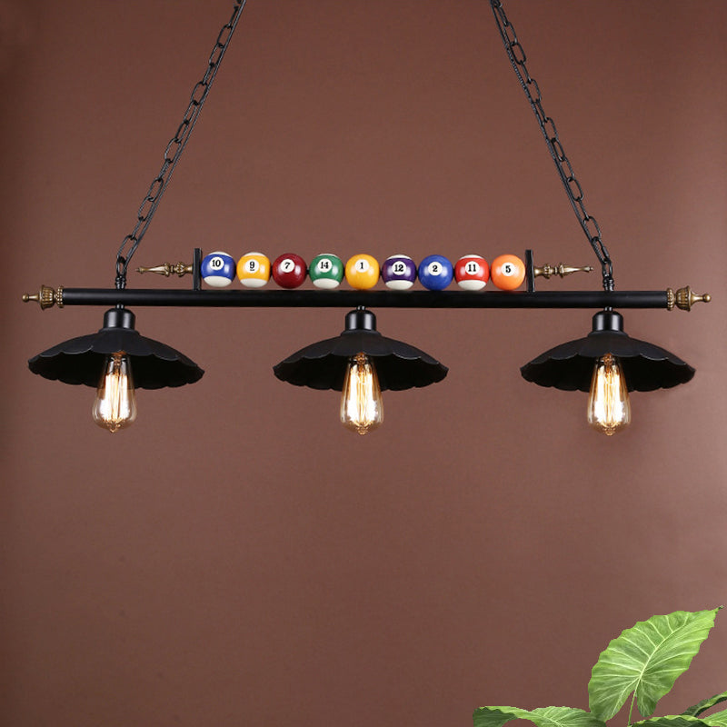 2/3-Light Scalloped Pool Table Light with Billiard Ball Decoration Vintage Metallic Hanging Light in Black Clearhalo 'Ceiling Lights' 'Island Lights' Lighting' 602028