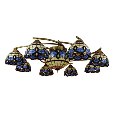 6/9 Lights Baroque Design Living Room Ceiling Fixture Blue Glass Tiffany Vintage Semi Flush Ceiling Light Clearhalo 'Ceiling Lights' 'Close To Ceiling Lights' 'Close to ceiling' 'Glass shade' 'Glass' 'Semi-flushmount' 'Tiffany close to ceiling' 'Tiffany' Lighting' 60203